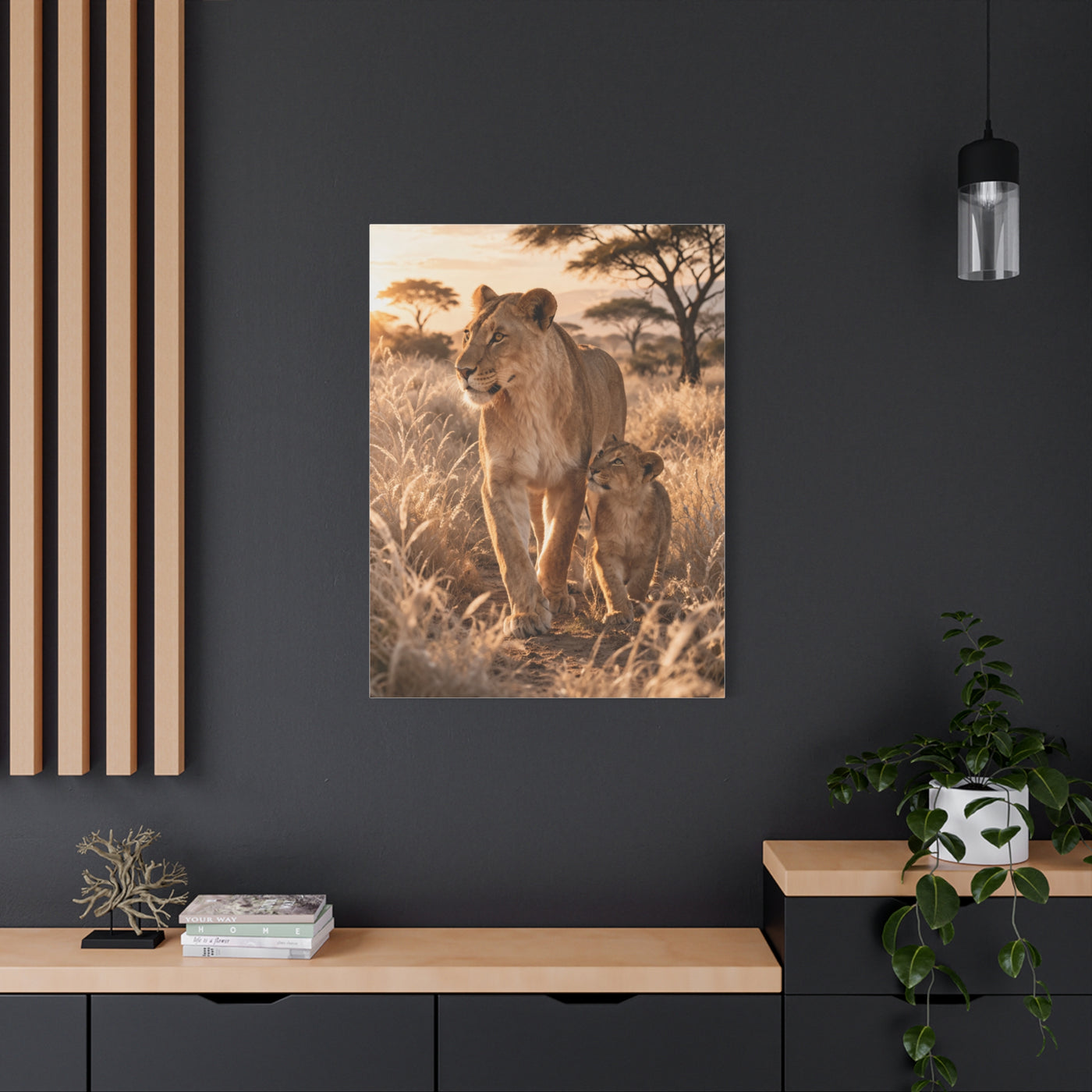 Lioness and Cub Golden Walk Wall Art & Canvas Print