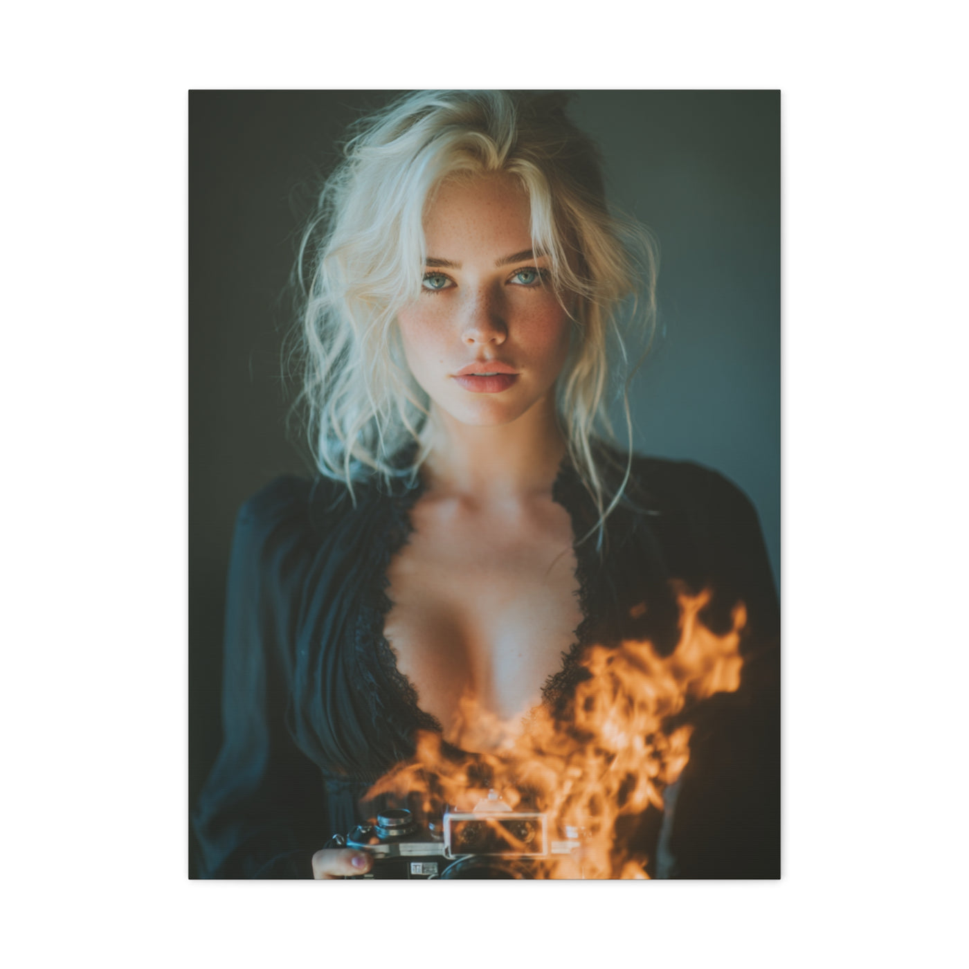 Blonde Muse Fire Camera Portrait Wall Art & Canvas Print
