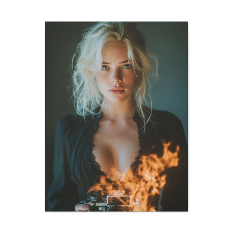 Blonde Muse Fire Camera Portrait Wall Art & Canvas Print