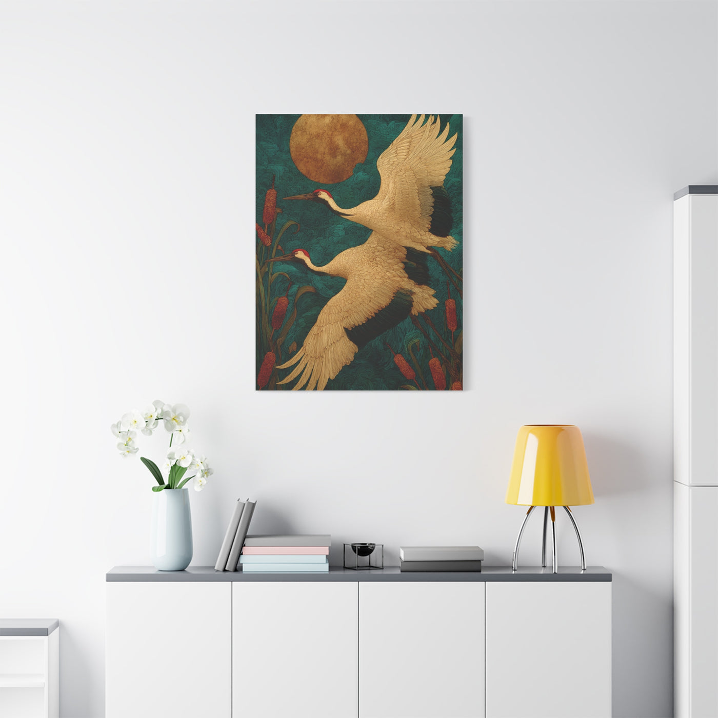 Golden Moon & Green Sky Crane Flight Wall Art & Canvas Print