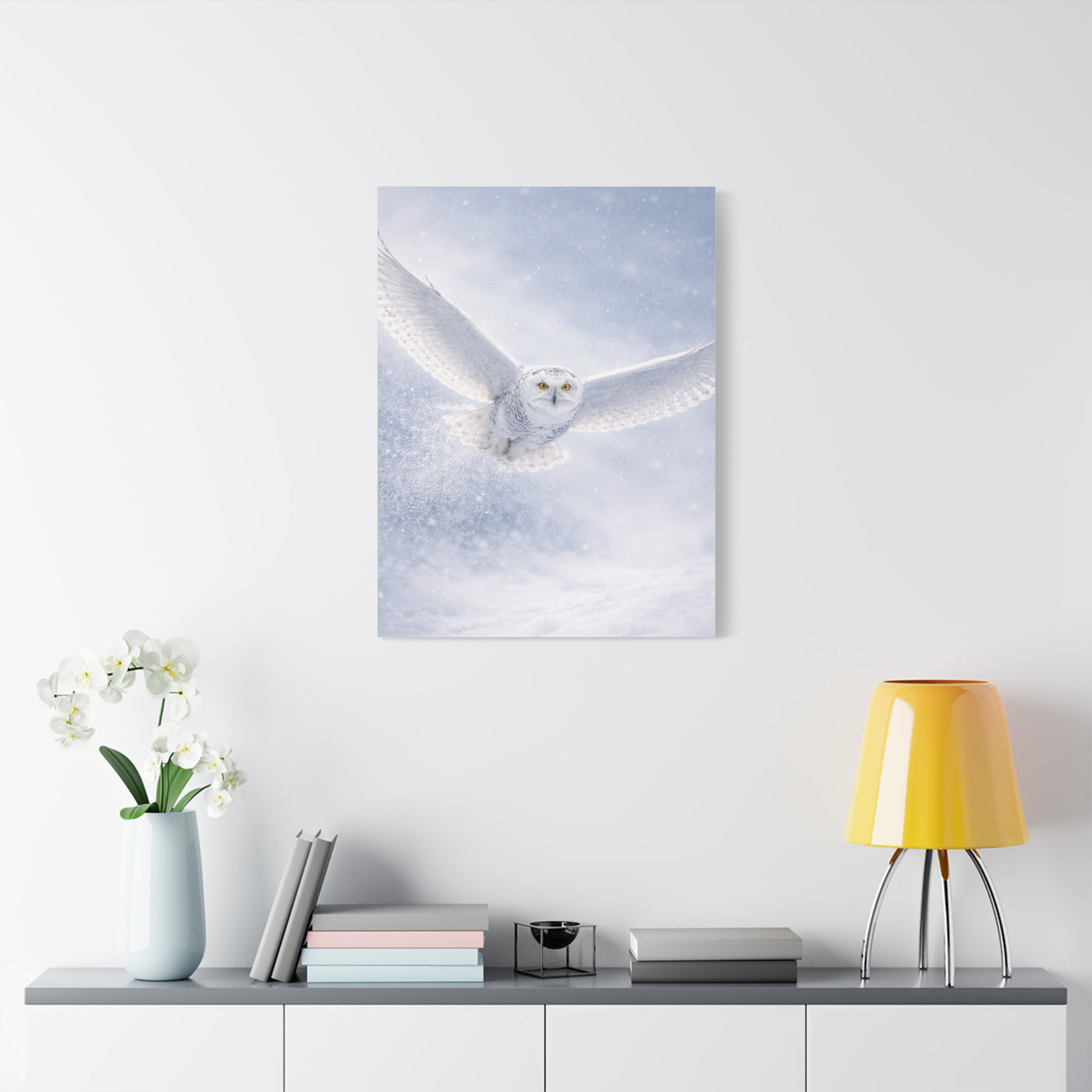 Snowy Owl Winter Flight Minimal Wall Art & Canvas Print
