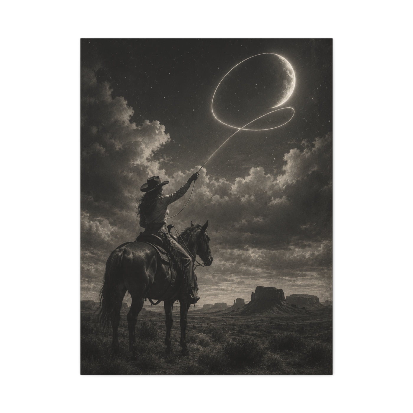 Cowgirl Moon Lasso Silhouette Scene Wall Art & Canvas Print