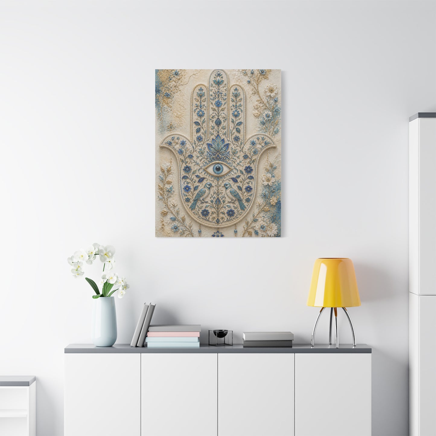 Blue Floral Hamsa Sacred Symbol Wall Art & Canvas Print