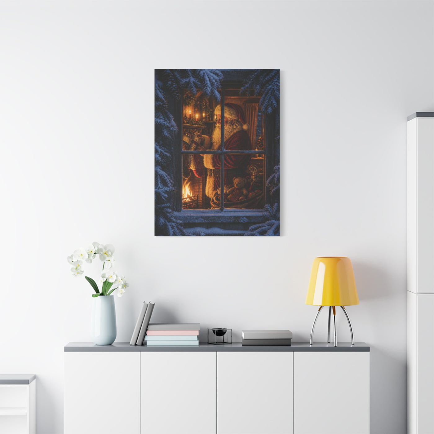 Snowy Cottage Window Santa Scene Wall Art & Canvas Print