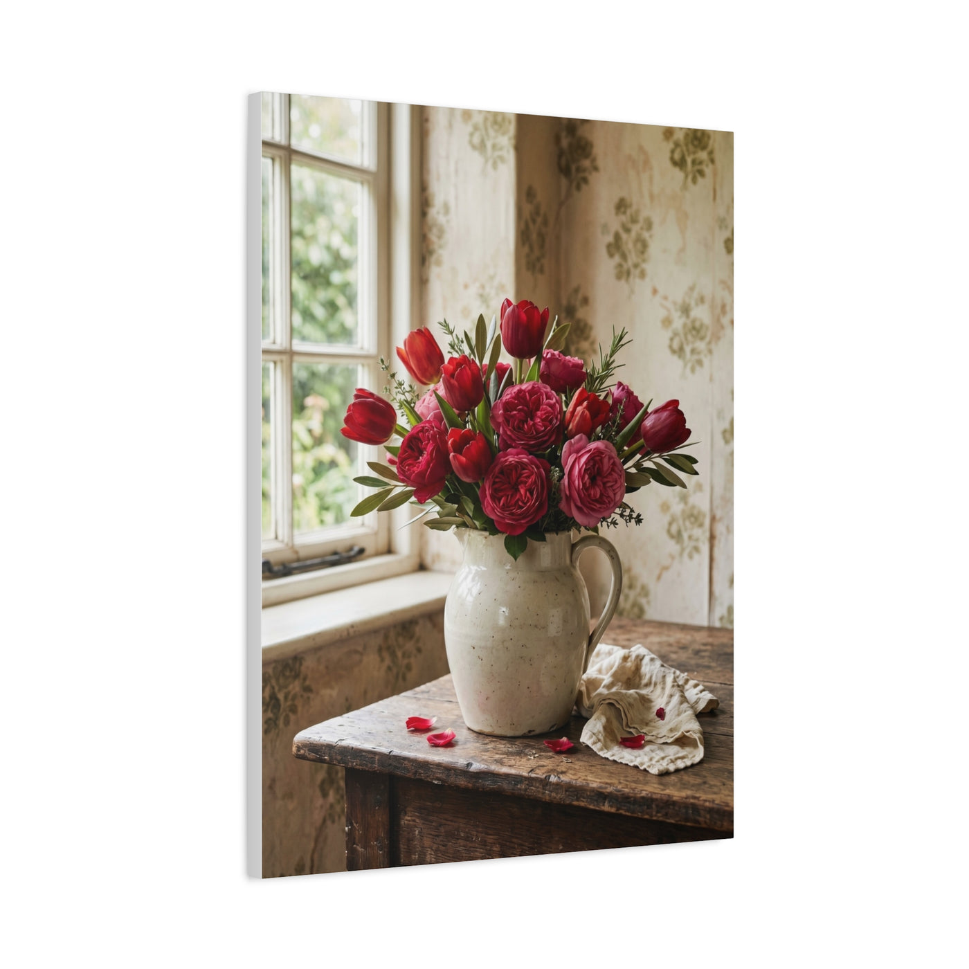 English Cottage Red Tulip Still Life Wall Art & Canvas Print