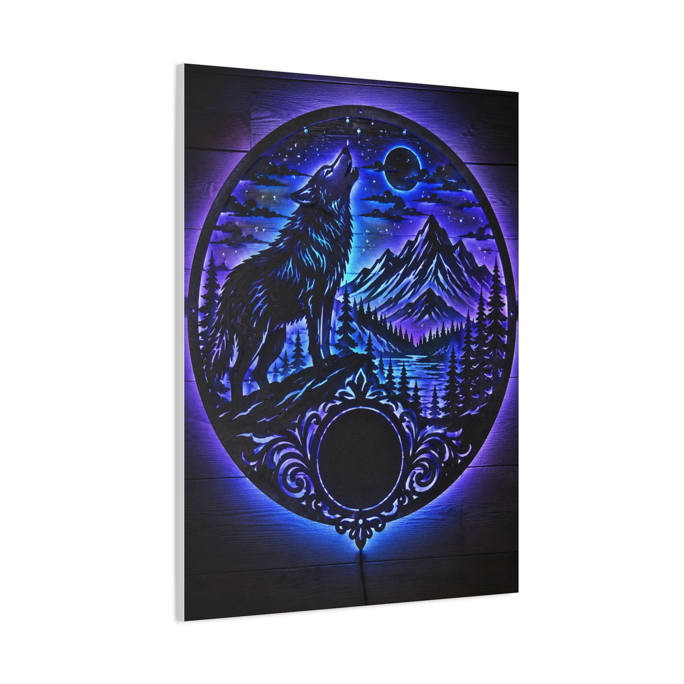LED Mountain Wolf Night Circle Scene Wall Art & Canvas Print
