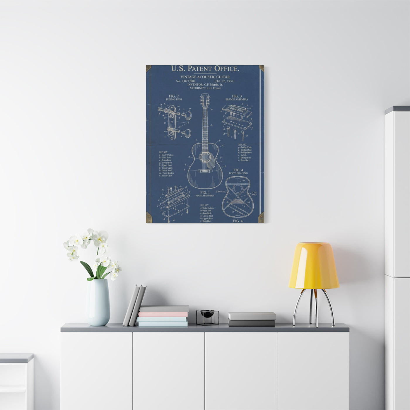 Vintage Acoustic Guitar Patent Blueprint Wall Art & Canvas Print