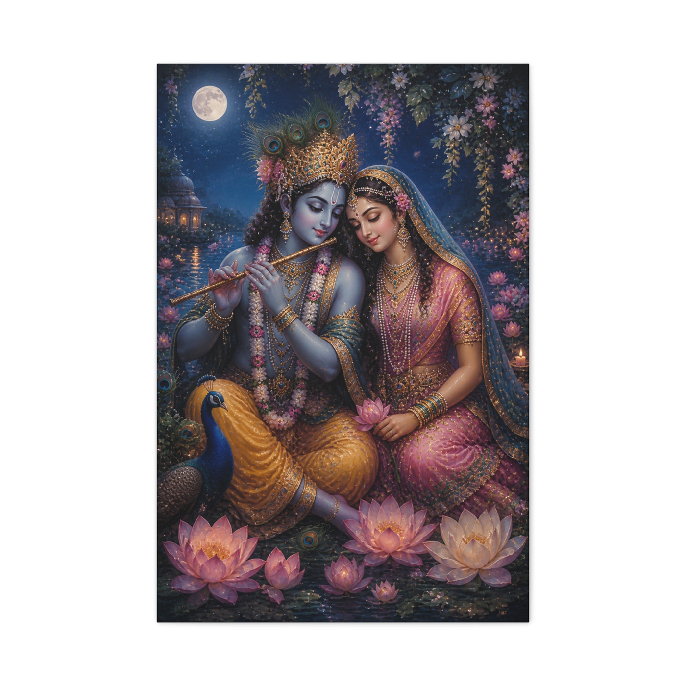 Radha and Krishna Moonlit Lotus Garden Wall Art & Canvas Print