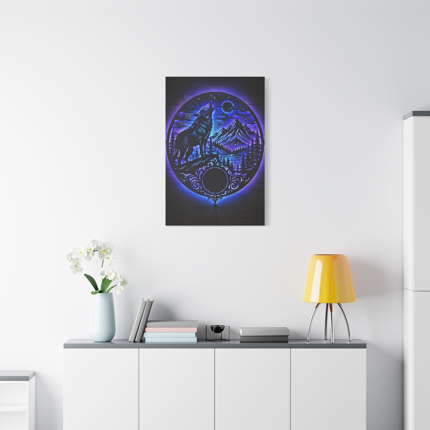 LED Mountain Wolf Night Circle Scene Wall Art & Canvas Print