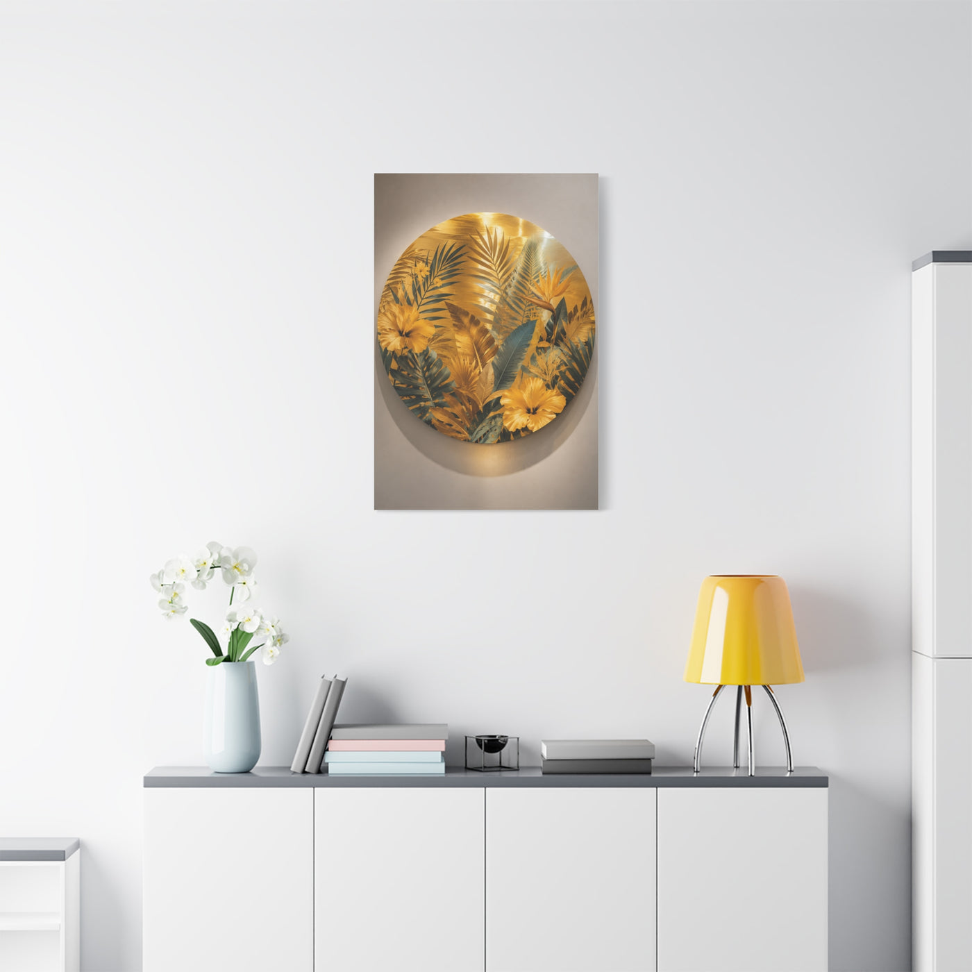 Golden Tropical Botanical Disc Composition Wall Art & Canvas Print