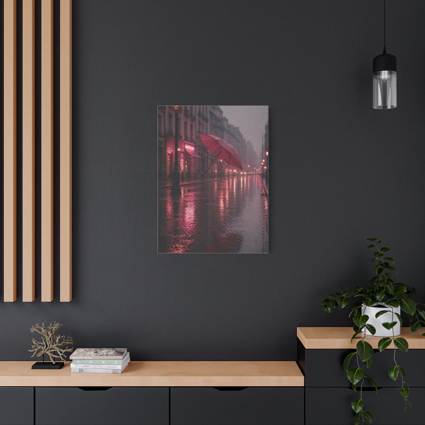 Romantic Pink Rain Street Reflection Wall Art & Canvas Print