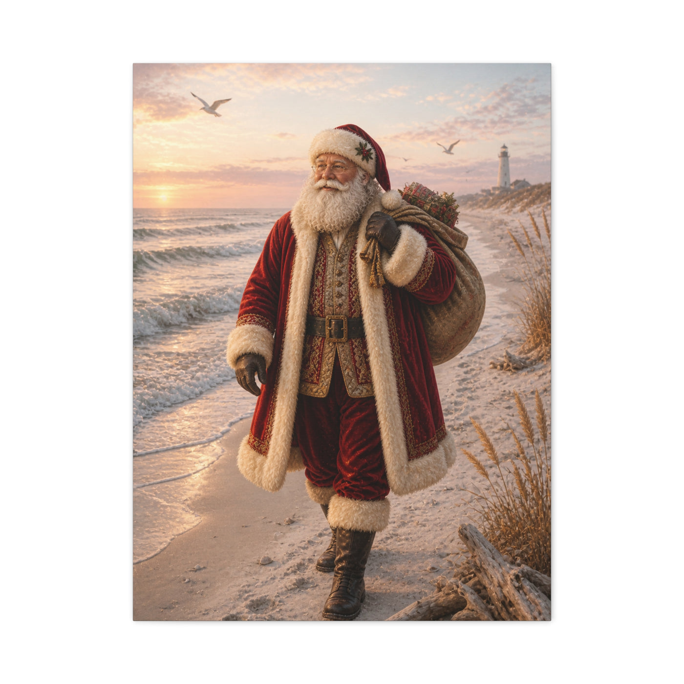 Coastal Santa at Sunrise Wall Art & Canvas Print