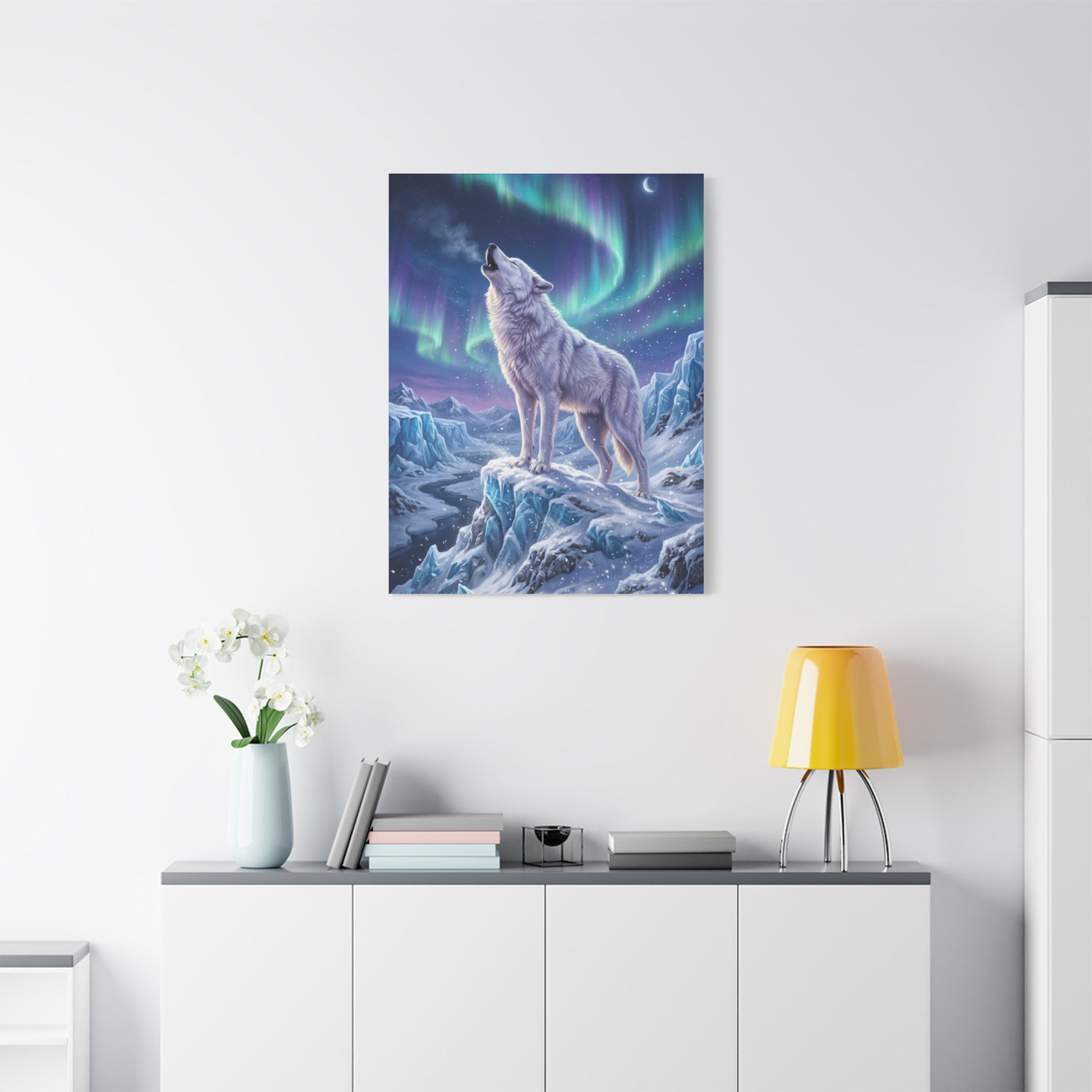 Arctic Wolf Aurora Borealis Scene Wall Art & Canvas Print