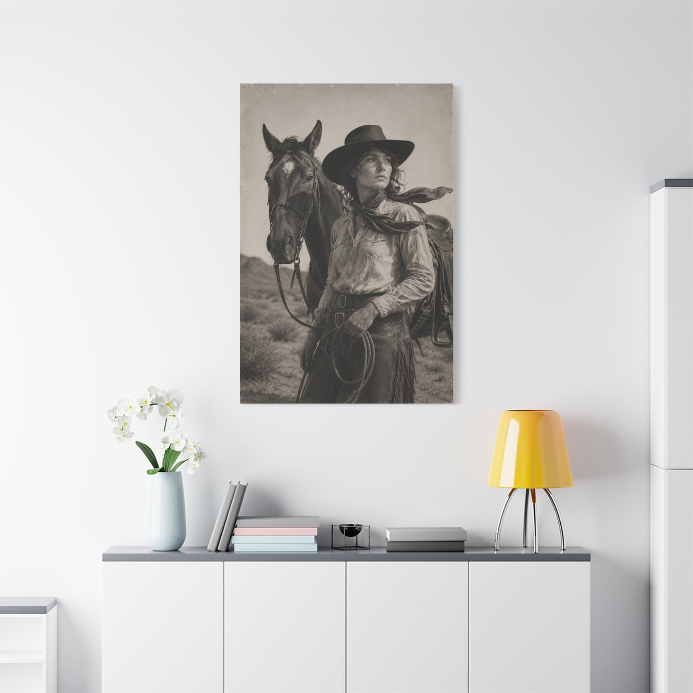 Black & White Cowgirl Portrait with Horse Wall Art & Canvas Print
