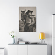 Black & White Cowgirl Portrait with Horse Wall Art & Canvas Print