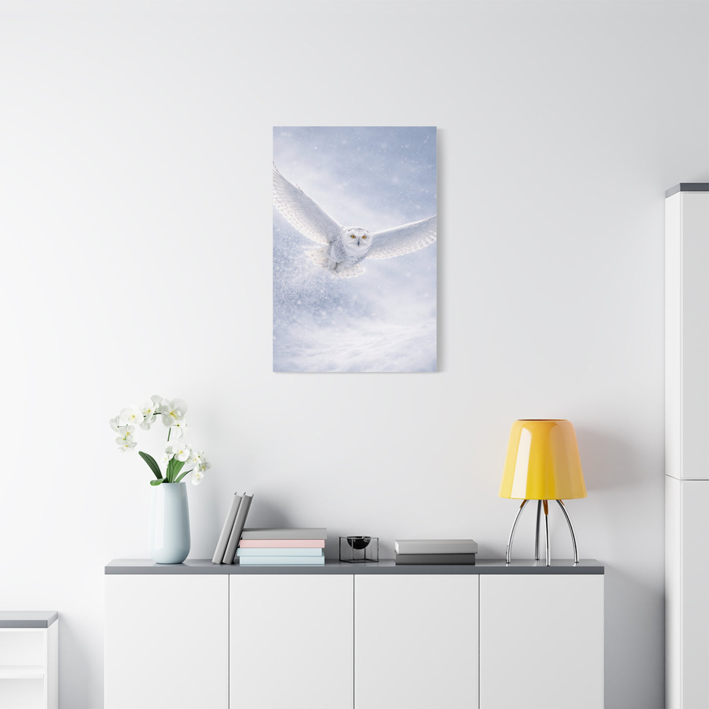 Snowy Owl Winter Flight Minimal Wall Art & Canvas Print