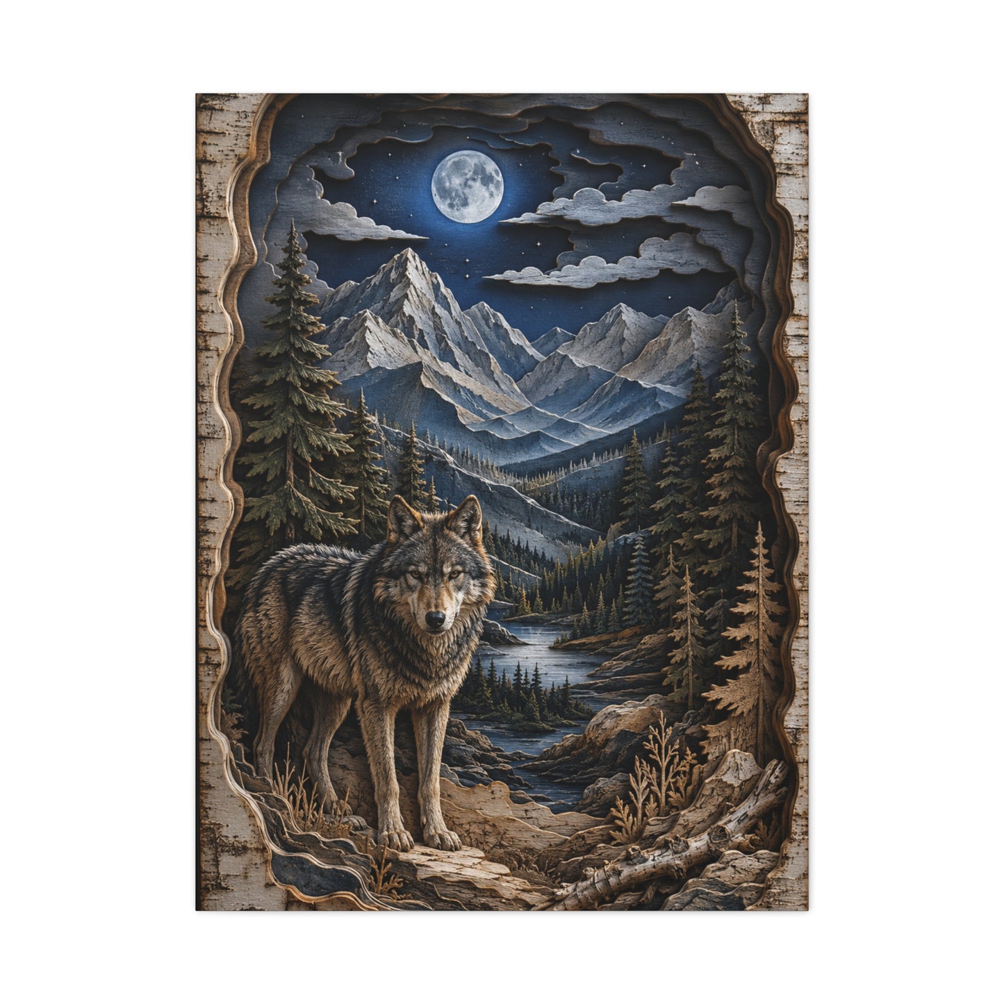 Rustic Mountain Wolf Shadowbox Landscape Wall Art & Canvas Print