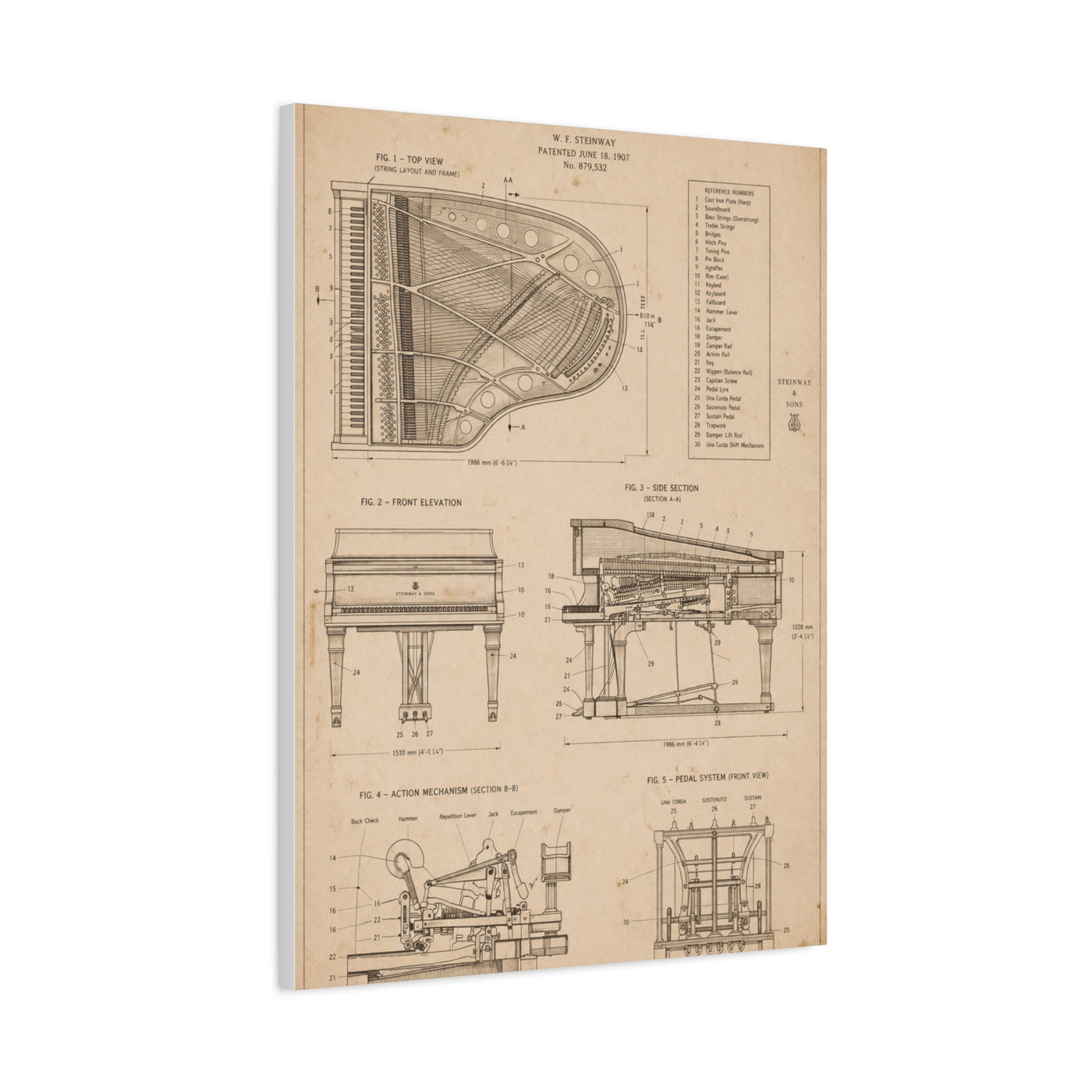 Steinway Grand Piano Technical Diagram Wall Art & Canvas Print