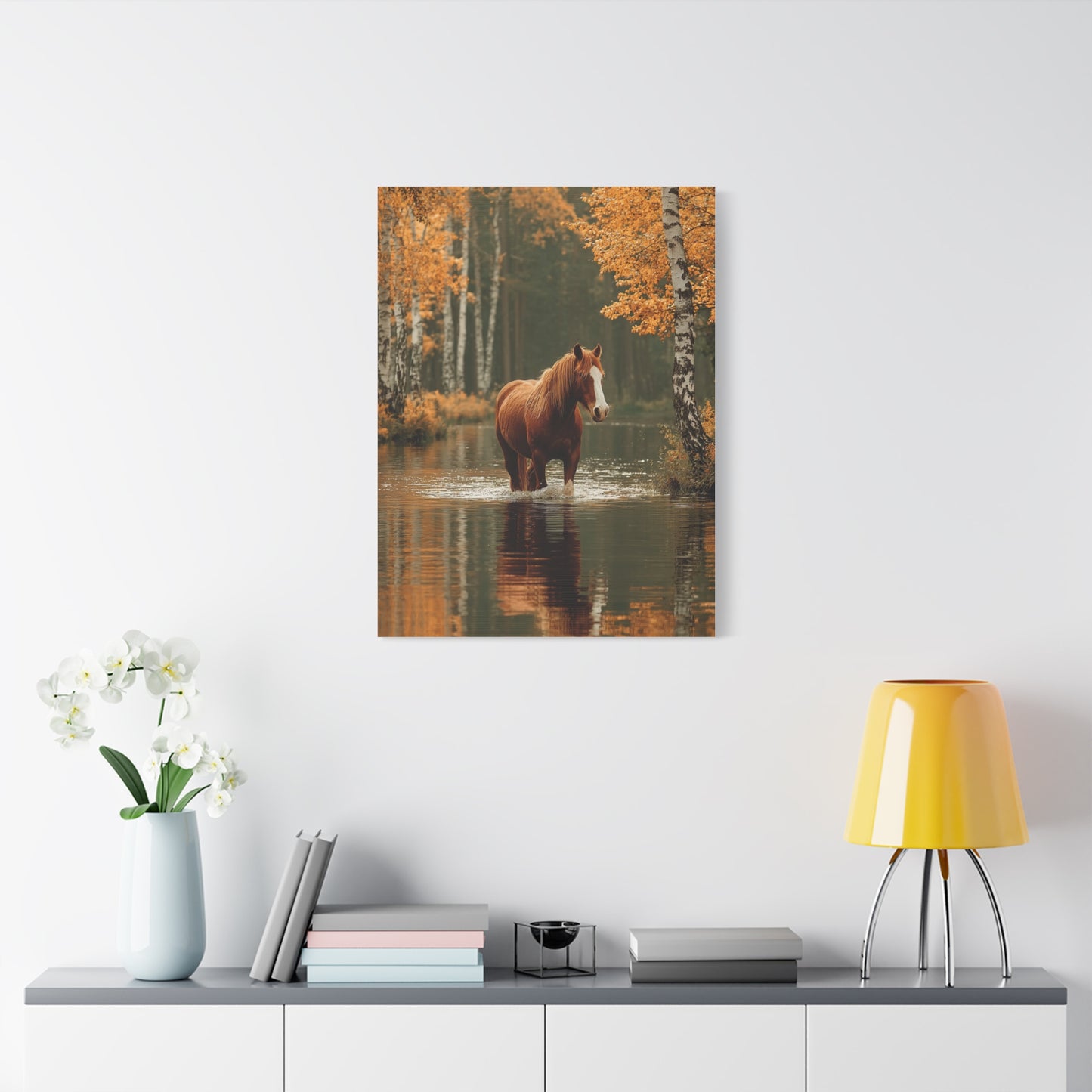 Autumn River Horse Reflection Wall Art & Canvas Print