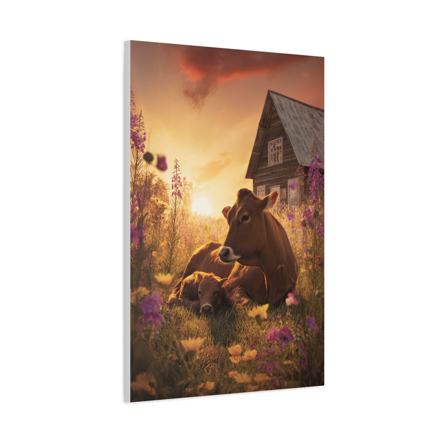 Sunset Farm Meadow Cow and Calf Wall Art & Canvas Print