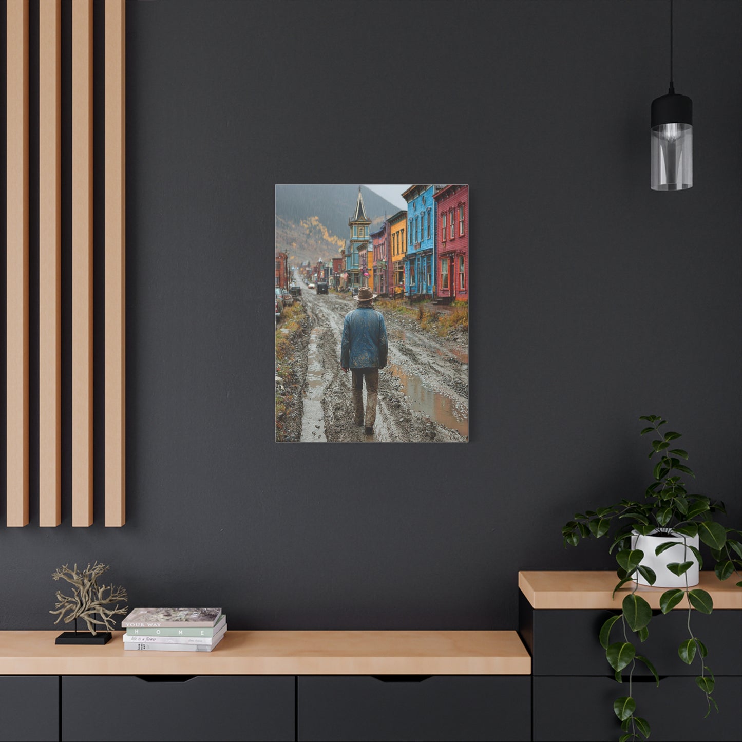 Lone Cowboy Walking Through a Rainy Frontier Street Wall Art & Canvas Print