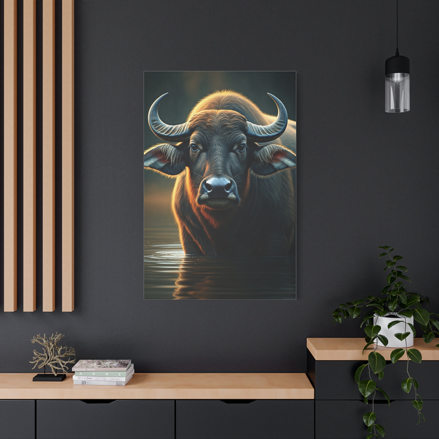 Golden Rim-Lit Buffalo Emerging from Water Wall Art & Canvas Print