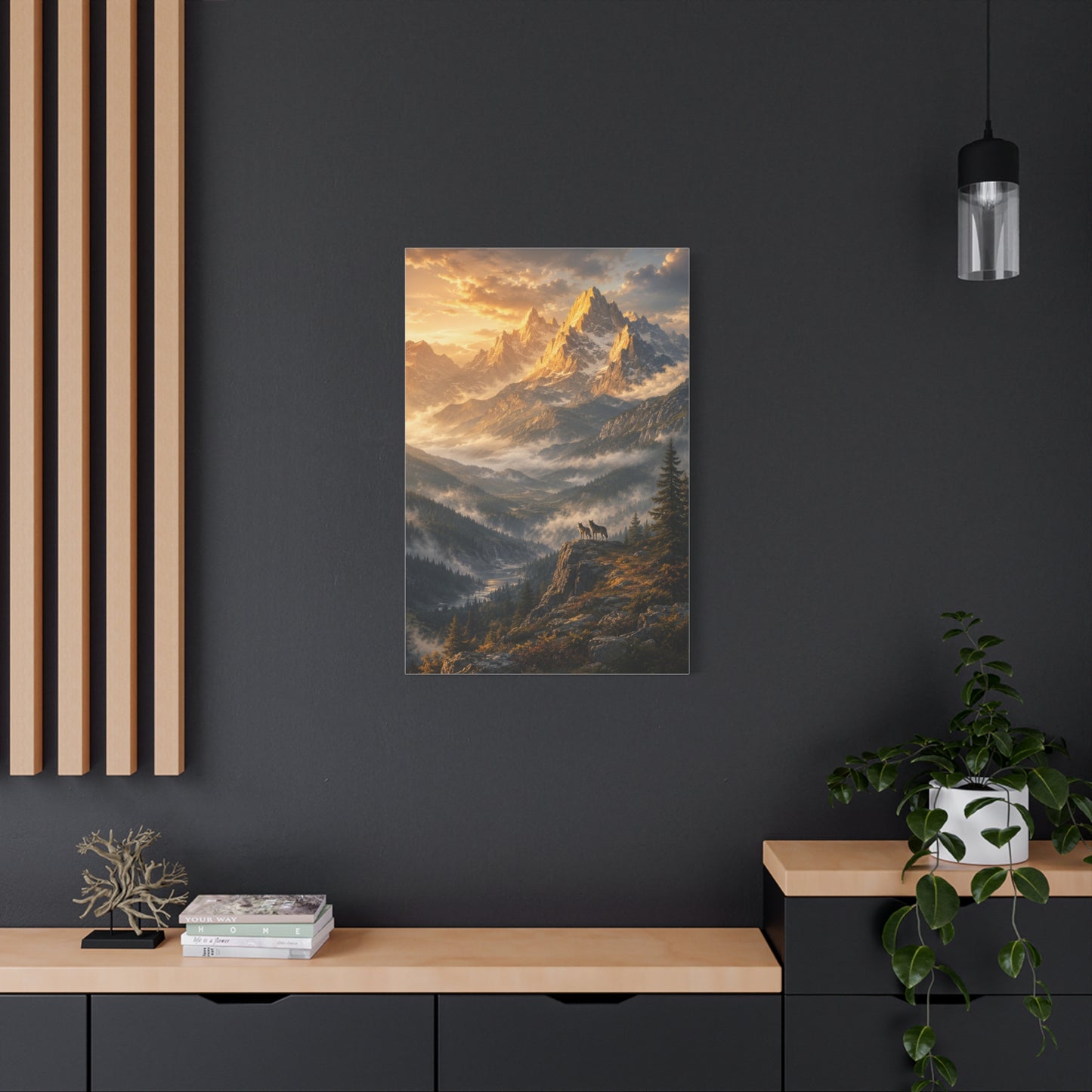 Golden Mountain Valley Wolf Pair Landscape Wall Art & Canvas Print