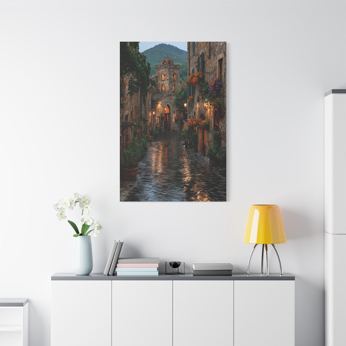 Tuscan Village Rain Street Wall Art & Canvas Print