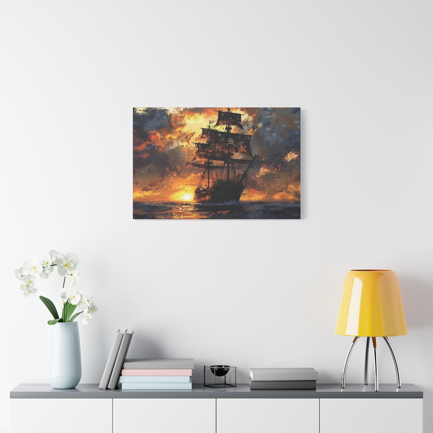 Ship In Sea With Sunset Wall Art & Canvas Prints