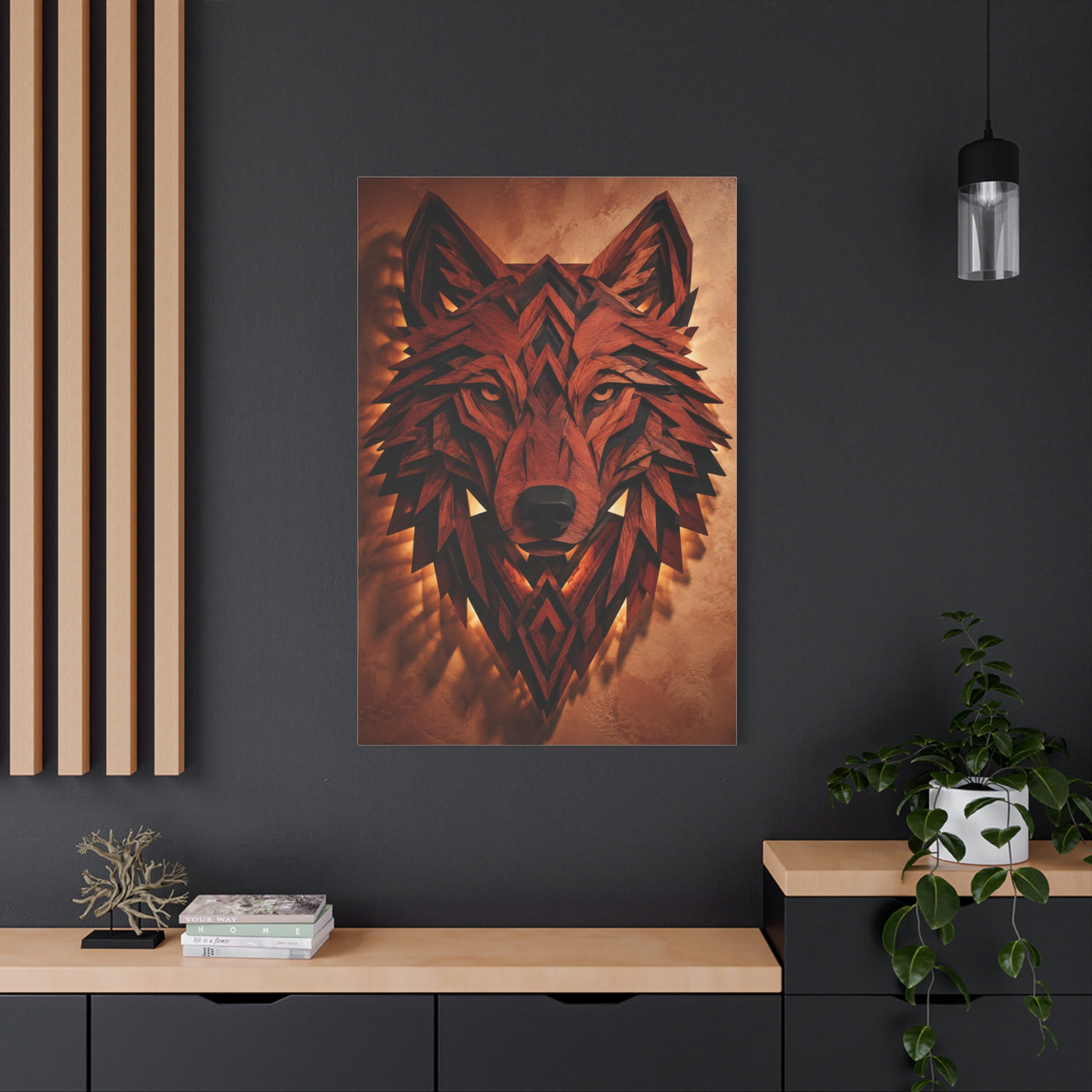 Geometric Carved Wood Wolf Head Sculpture Wall Art & Canvas Print