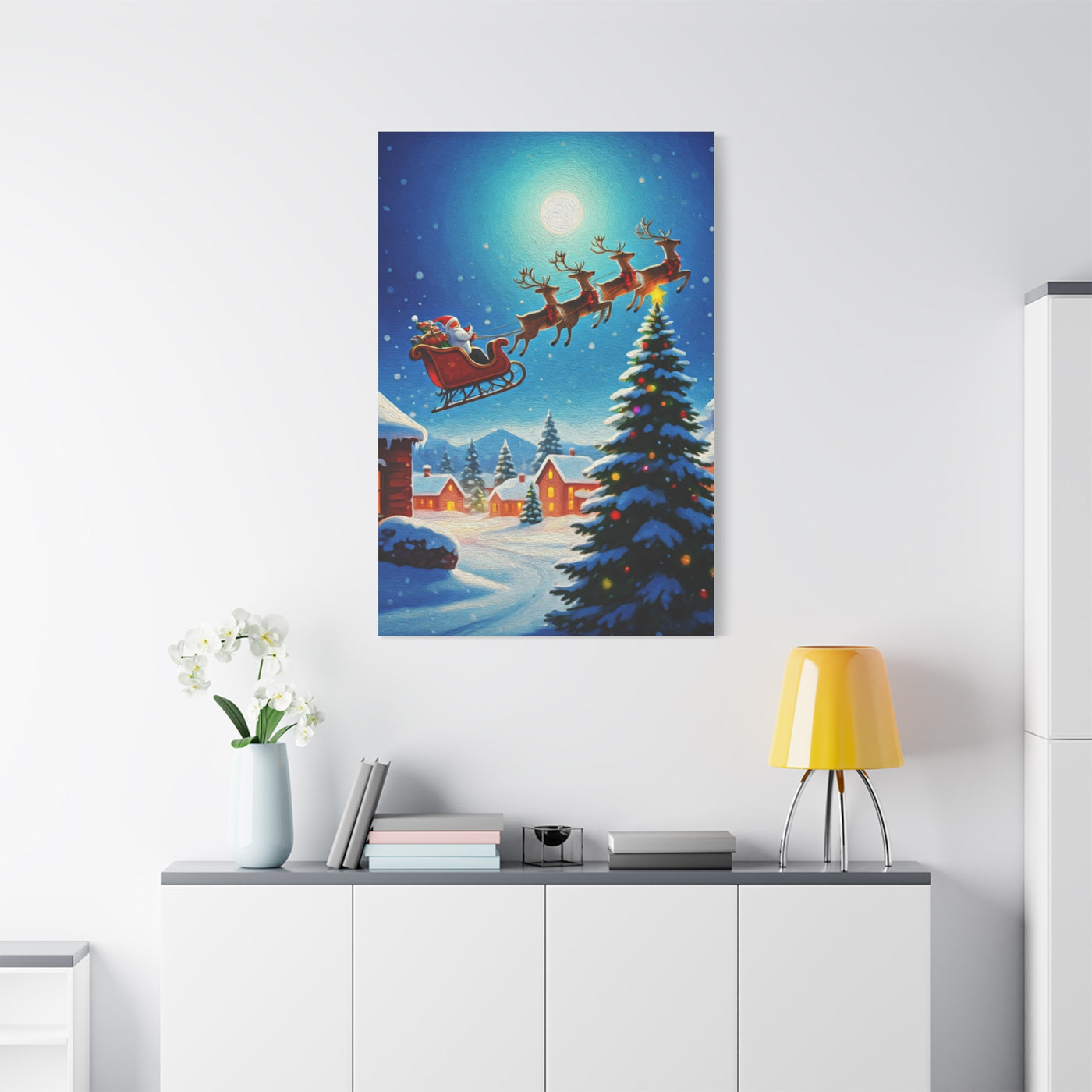 Santa Sleigh Flying Over Snowy Christmas Village Wall Art & Canvas Print