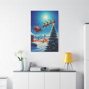 Santa Sleigh Flying Over Snowy Christmas Village Wall Art & Canvas Print