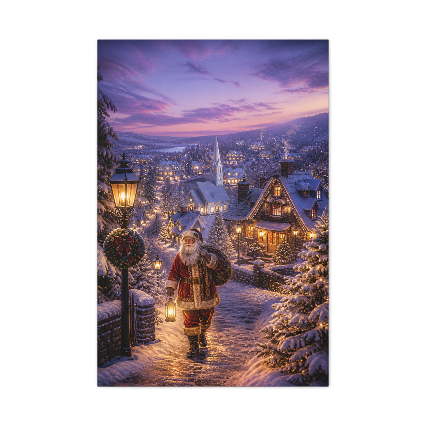 Snowy Village Santa Lantern Walk Wall Art & Canvas Print
