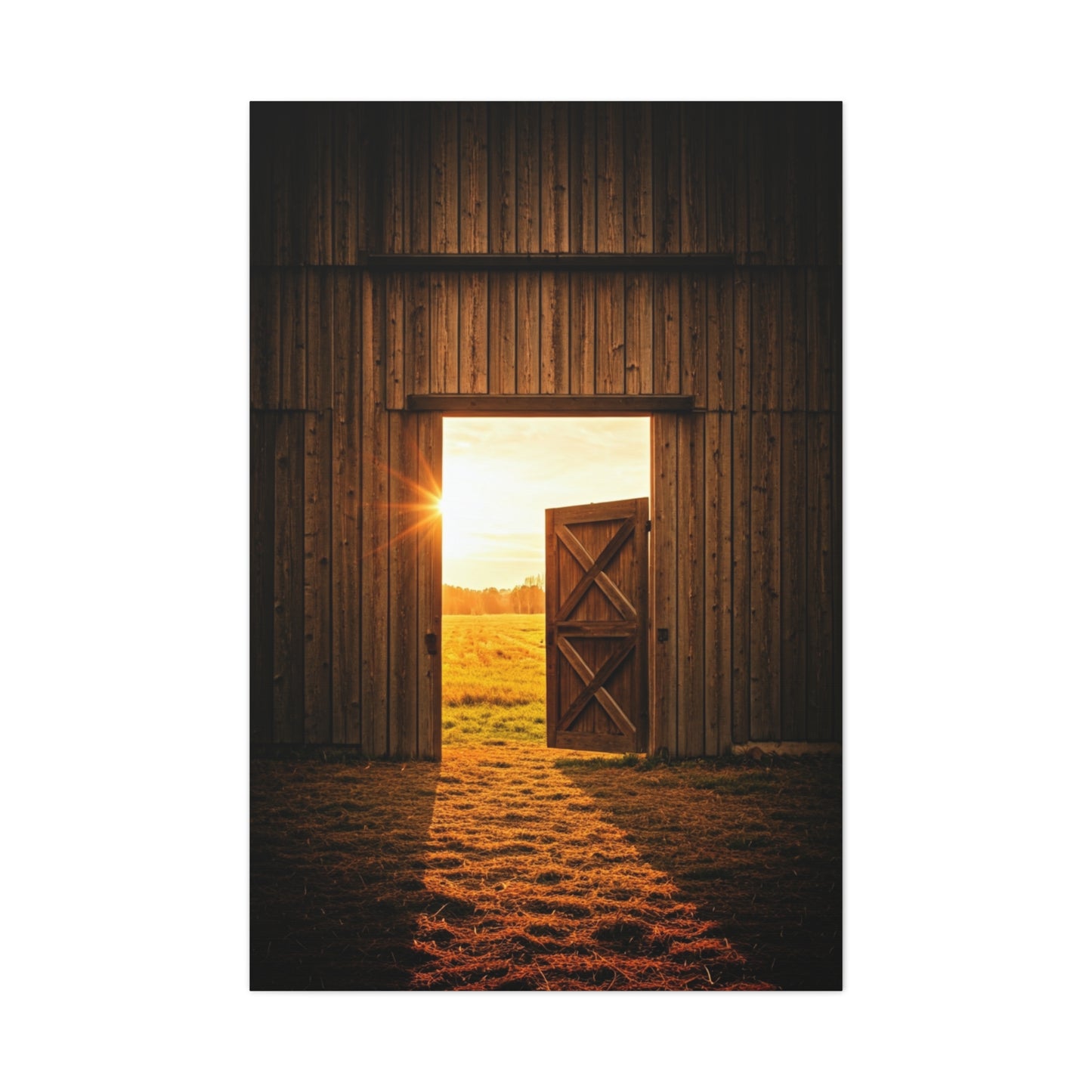 Open Barn Door at Sunrise Wall Art & Canvas Prints