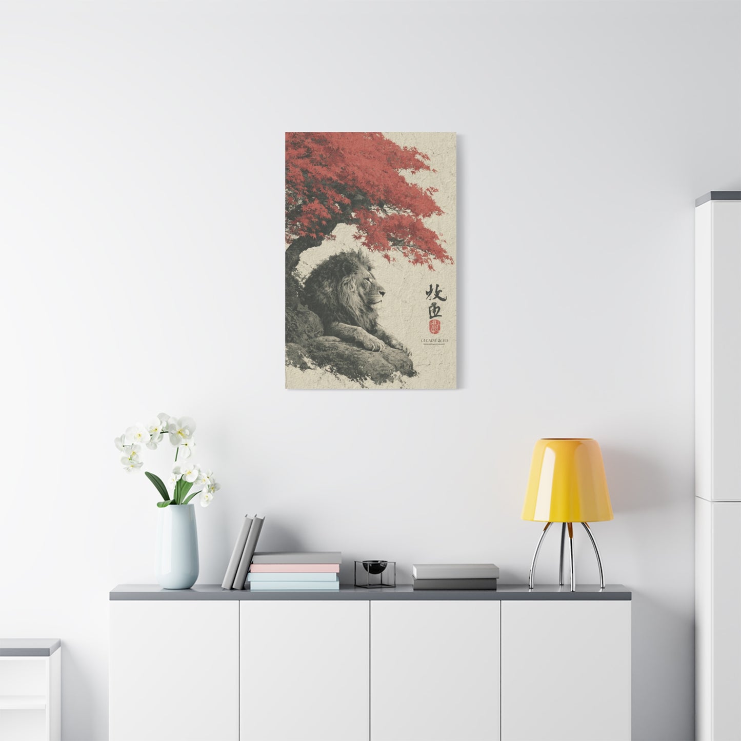 Lion Under Red Maple Zen Composition Wall Art & Canvas Print