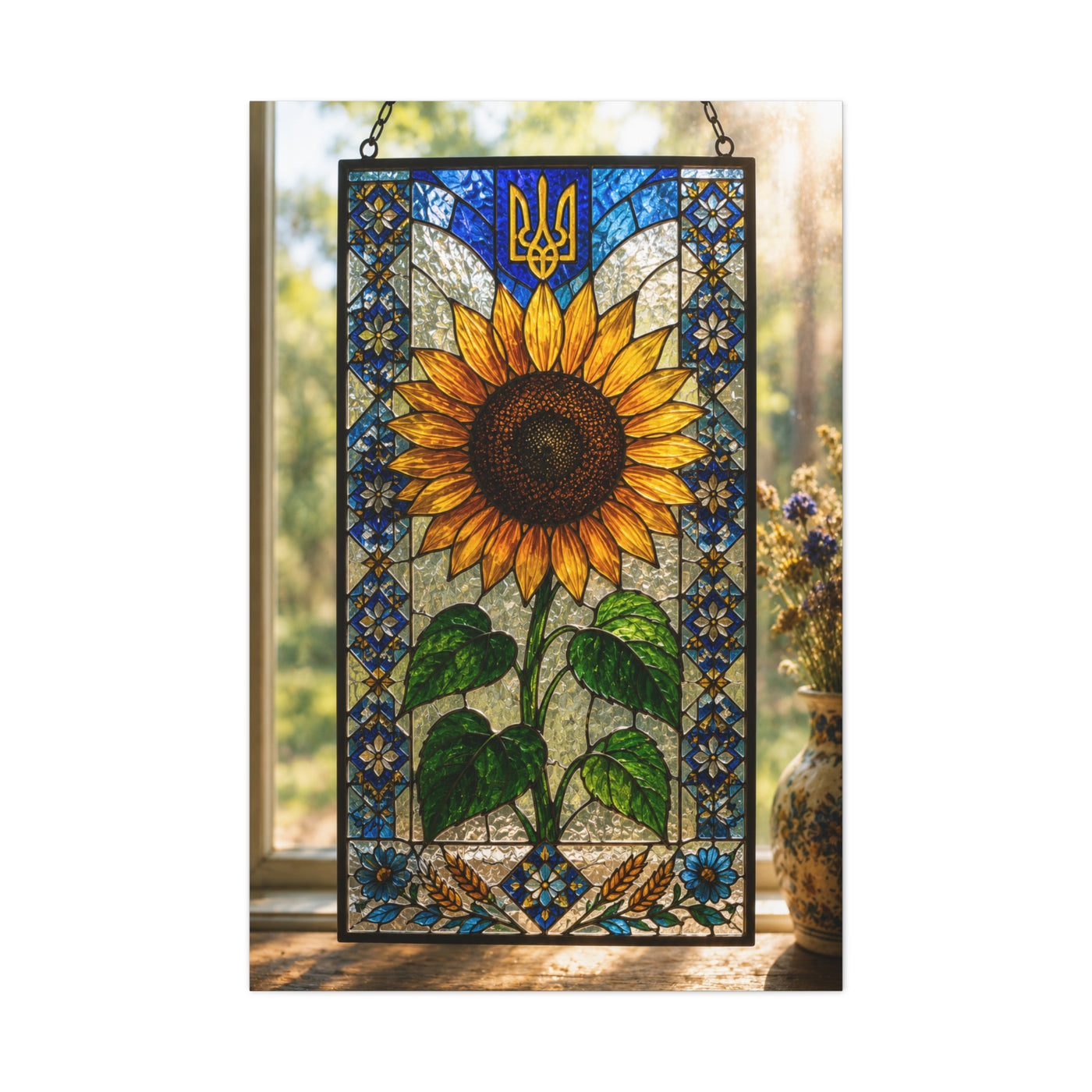 Ornate Stained Glass Sunflower Panel Wall Art & Canvas Print