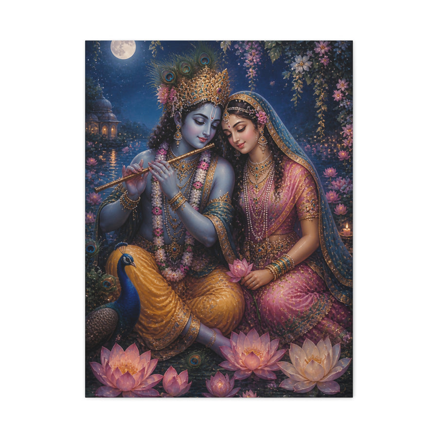 Radha and Krishna Moonlit Lotus Garden Wall Art & Canvas Print
