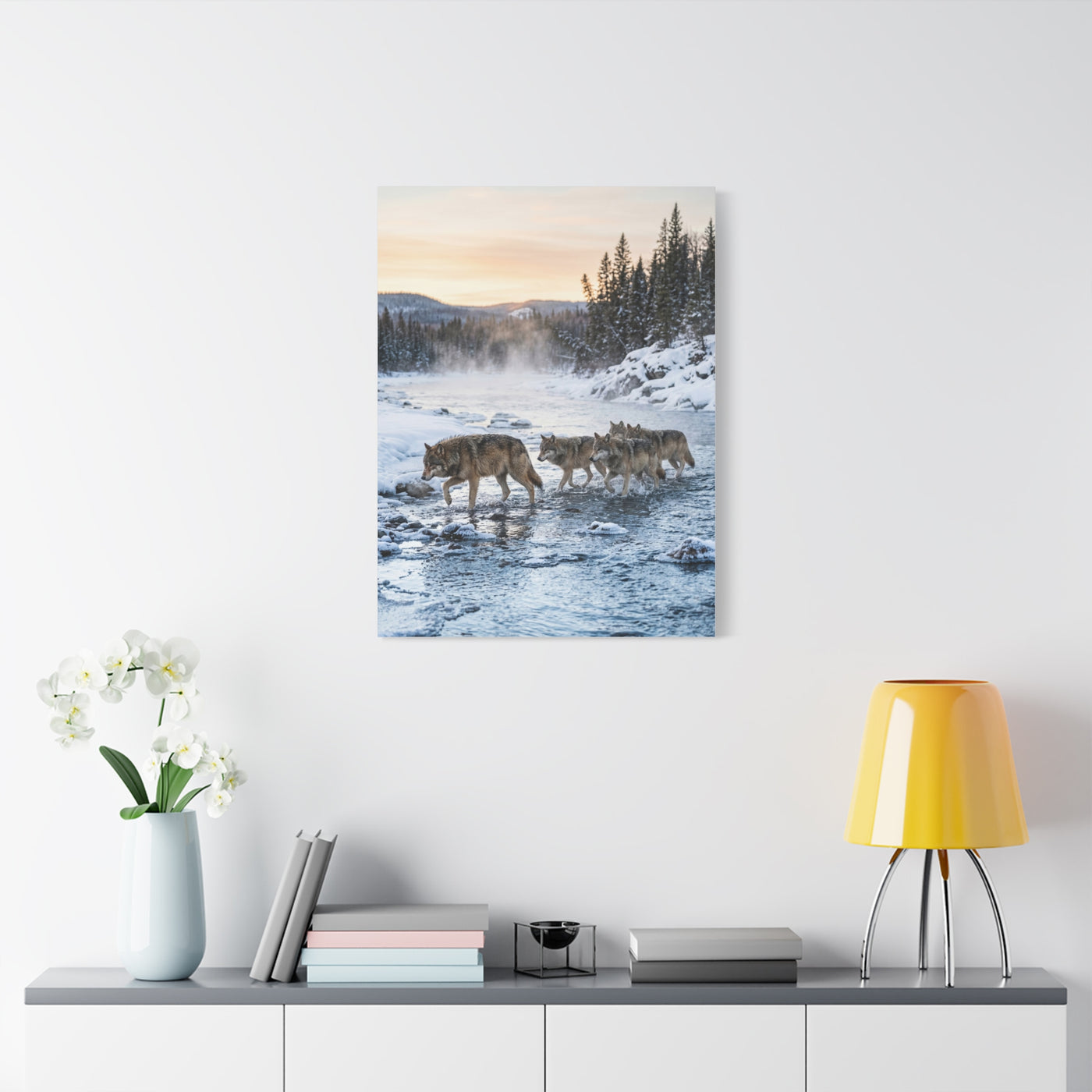 Winter River Wolf Pack Crossing Scene Wall Art & Canvas Print