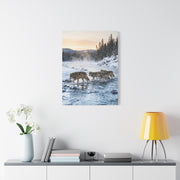 Winter River Wolf Pack Crossing Scene Wall Art & Canvas Print