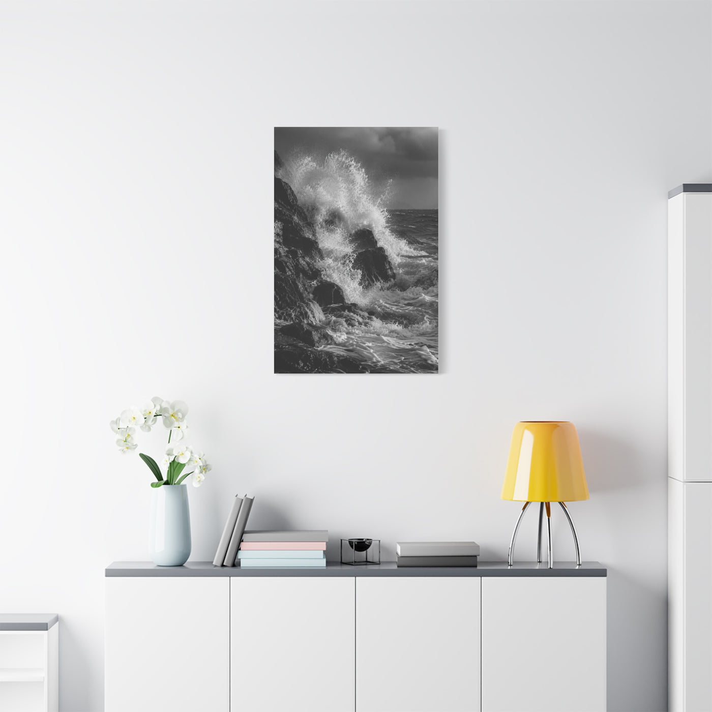 Monochrome Ocean Impact Rock Scene Wall Art & Canvas Print