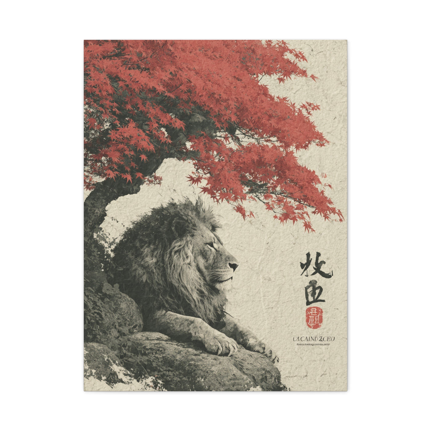 Lion Under Red Maple Zen Composition Wall Art & Canvas Print