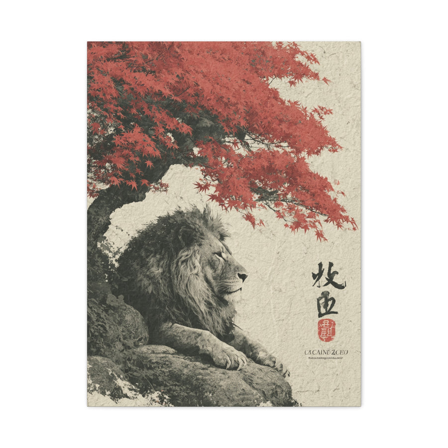Lion Under Red Maple Zen Composition Wall Art & Canvas Print