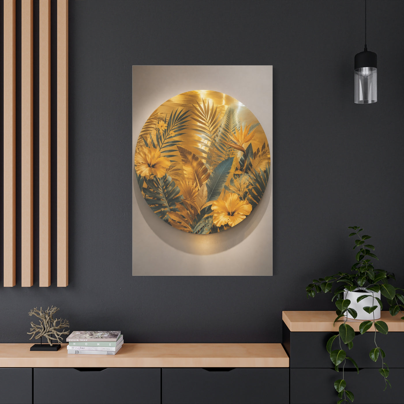 Golden Tropical Botanical Disc Composition Wall Art & Canvas Print
