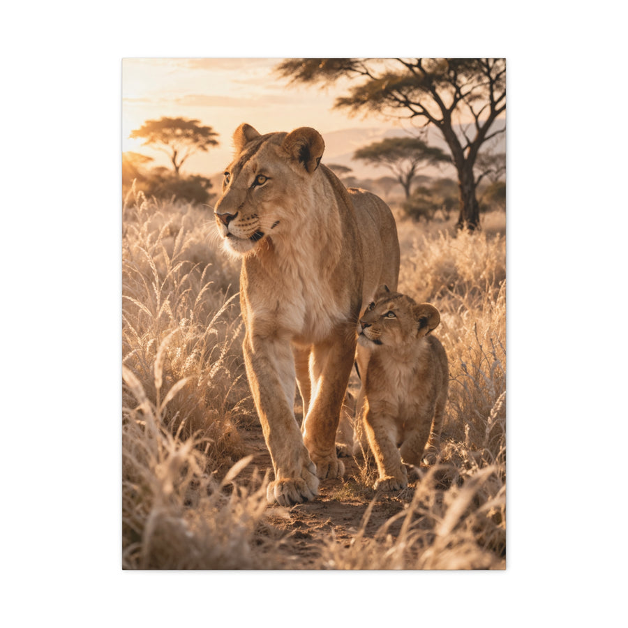 Lioness and Cub Golden Walk Wall Art & Canvas Print