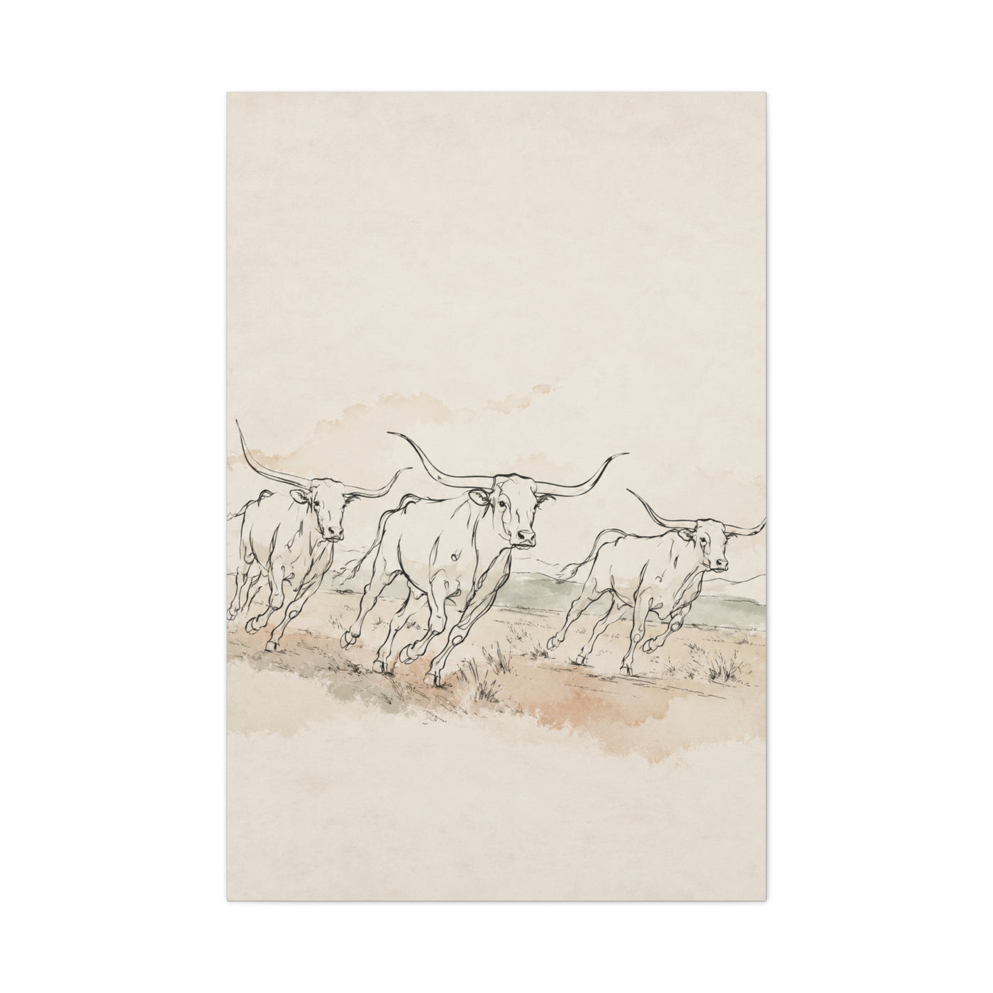 Running Longhorn Line Sketch Panorama Wall Art & Canvas Print