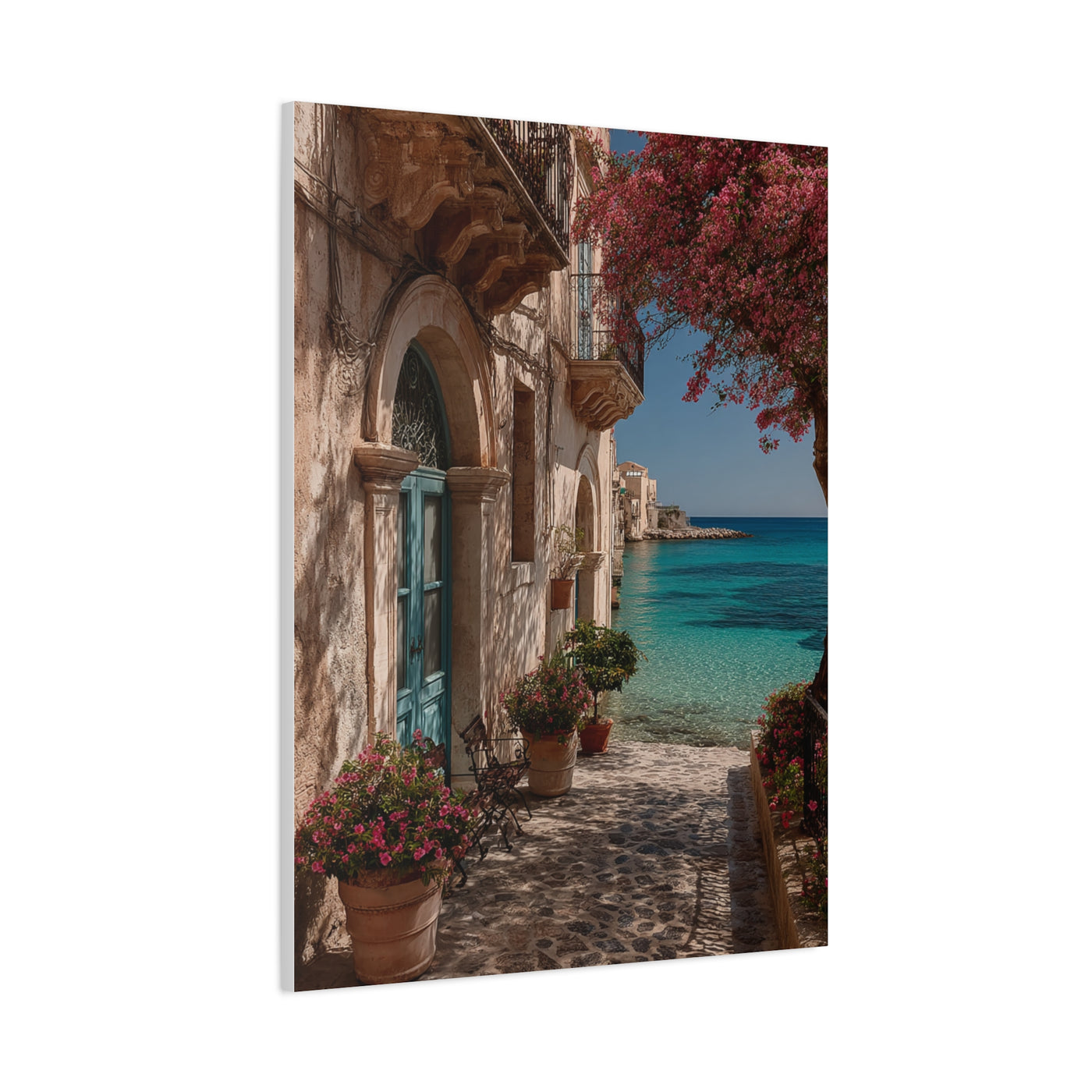 Sicilian Coastal Balcony Scene Wall Art & Canvas Print