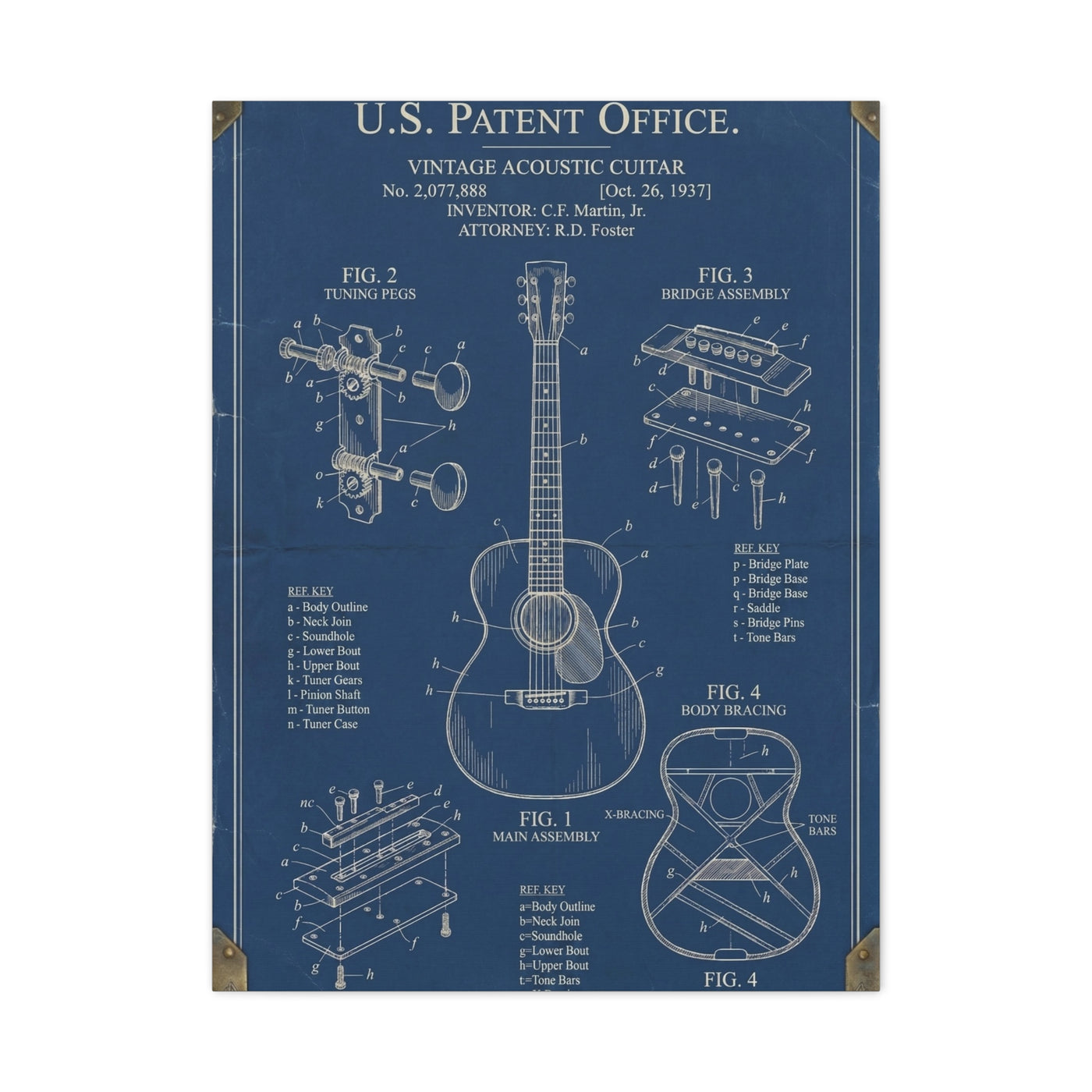 Vintage Acoustic Guitar Patent Blueprint Wall Art & Canvas Print
