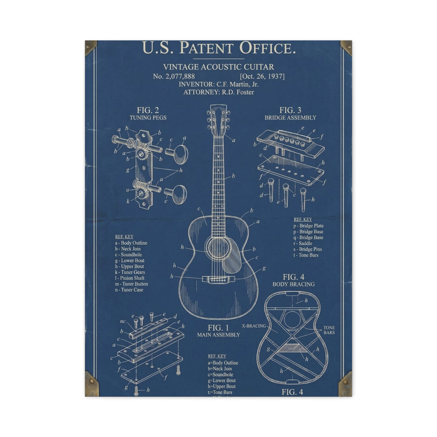Vintage Acoustic Guitar Patent Blueprint Wall Art & Canvas Print