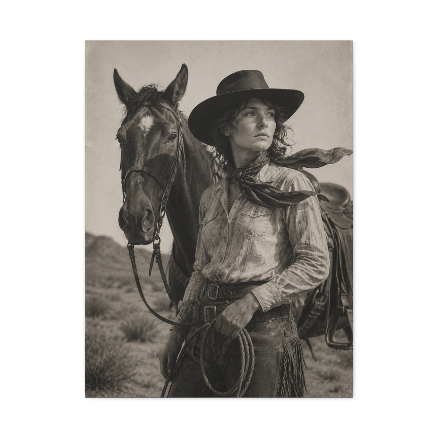 Black & White Cowgirl Portrait with Horse Wall Art & Canvas Print