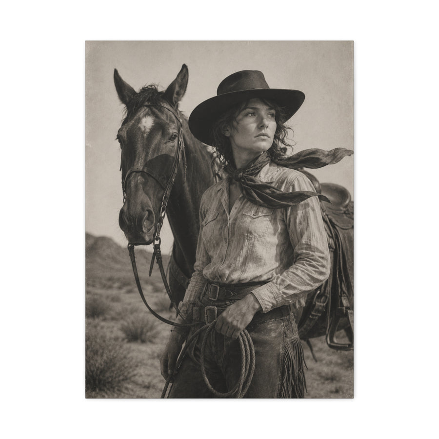 Black & White Cowgirl Portrait with Horse Wall Art & Canvas Print
